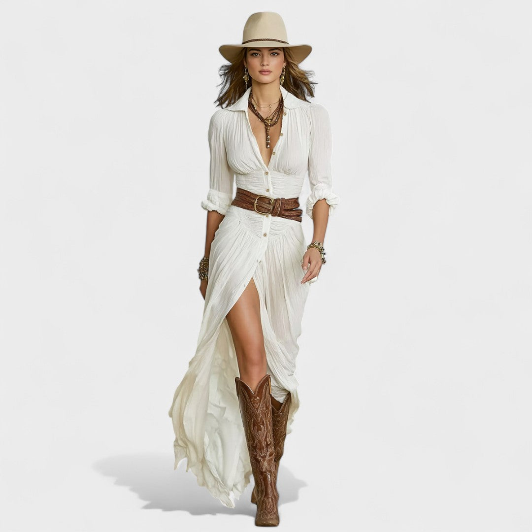 Elegant Long Dress for Women – Pleated Skirt & Lapel Design